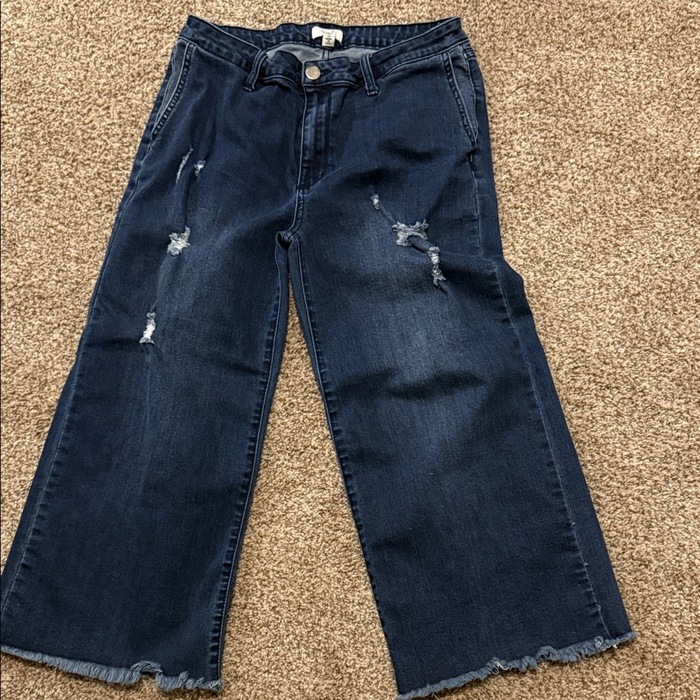 Easel Dark Blue Distressed Wide Leg Jeans